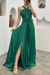 Stay Sophisticated Pleated Cross Neck Cutout Slit Evening Maxi Dress