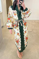 Yamada Floral Point Collar Balloon Sleeve Pocketed Belted Midi Dress