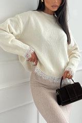 Caitlin Knit Lace Trim Patchwork Long Sleeve Back Slit Relaxed Sweater