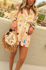 Fashionable Gold Stamping Unique Printing Lapel Long Sleeve Shirt and Elastic Waist Casual Pocket Shorts Set