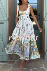 Euro Summer View Linen Blend Unique Print Tie-up Straps Pocket Midi Dress