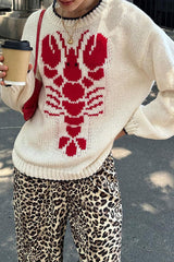 Fashion Lobster Print Crew Neck Casual Knitted Sweater