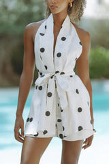 Gabby Linen Blend Polka Dot Tie-up Lapel Halter Vest and Metal Ring Belt Loose Shorts Set