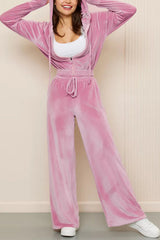 Solid Color Velvet Hooded Zip-up Sweatshirt and Elastic Waist Casual Pocket Straight-leg Pants Set