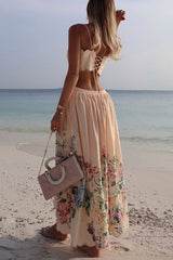 Cabo Sunsets Floral Print Petal Trim Back Lace-up Midi Dress