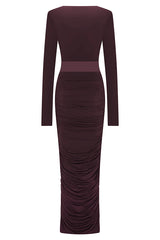 Sexy See-through Long-sleeved V-neck Pleated Slim-fit Maxi Dress