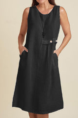 Linen Blend Solid Color Round Neck Sleeveless Loose Pocket Midi Dress
