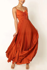A Dreamy Escape Satin Adjustable Straps Pleated Maxi Dress