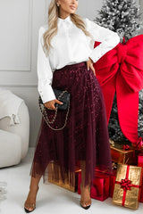 Party Daydream Sequin Tulle High Rise Elastic Waist Maxi Skirt