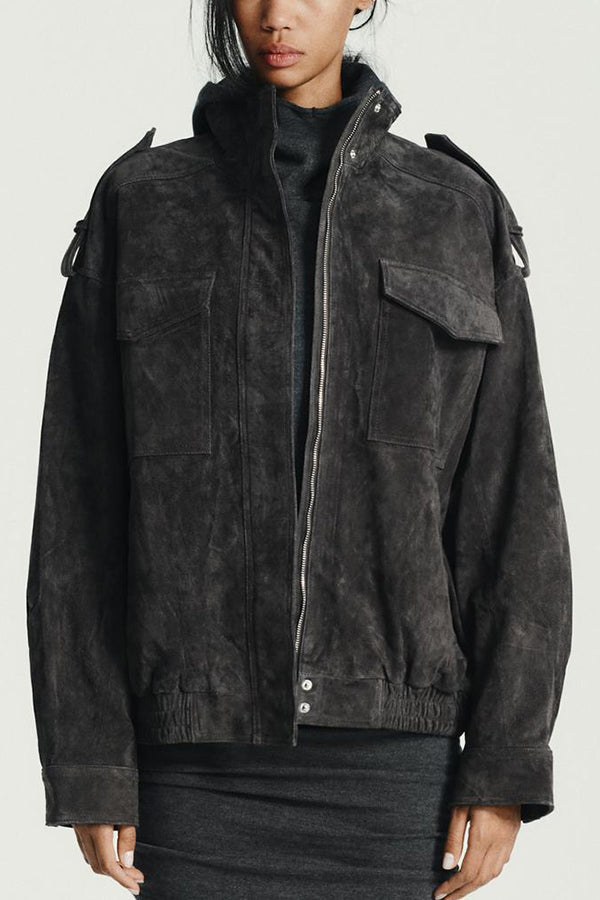 Fashionable Suede Loose Pocket Leather Jacket