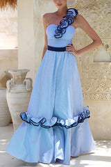 Striped Print Elegant Ruffle Trim Vacation Maxi Skirt