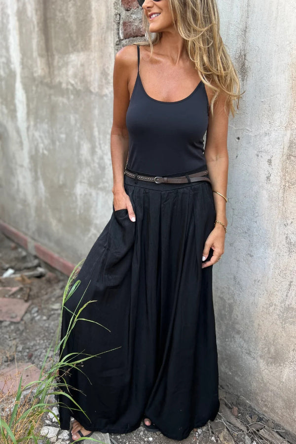 Solid Color Elastic Waist Casual Pocket Loose Wide-leg Pants