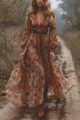 Floral Print Long Sleeve V-neck Waist Maxi Dress