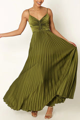 A Dreamy Escape Satin Adjustable Straps Pleated Maxi Dress