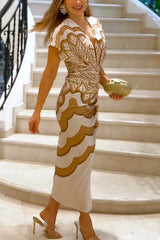 Feona Satin Unique Print V-neck Wide Sleeve Ruched Waist Slit Midi Dress