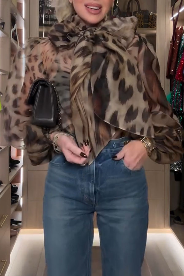 Peregrine Semi-sheer Silk Animal Print Bow Neck Balloon Sleeve Loose Blouse