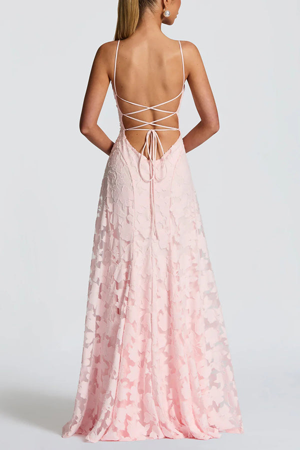 Francis Custom Floral Burnout Fabric Cowl Neck Back Lace-up Maxi Dress