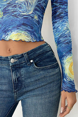 Starry Sky Print Stand Collar Mesh Long Sleeve Slim Fit Top