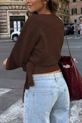 Solid Color Crossover V-neck Tie Elegant Long-sleeved Knit Top