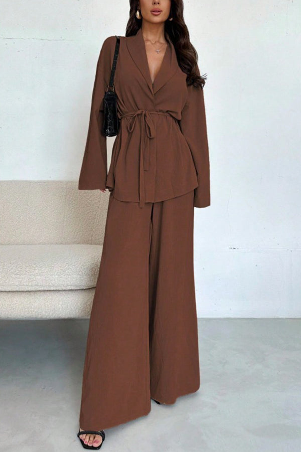 Solid Color Collared Long-sleeved Tie-wst Loose Top and Elastic Wst Casual Wide-leg Pants Set