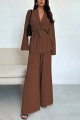 Solid Color Collared Long-sleeved Tie-wst Loose Top and Elastic Wst Casual Wide-leg Pants Set
