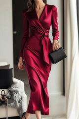 Solid Color Satin V-neck Long Sleeve Waist Tie Slim Midi Dress
