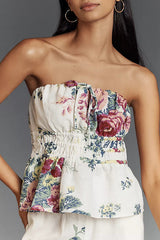 In To The Summer Linen Blend Floral Print Elastic Bandeau and Elastic Waist Pocket Loose Pants Set