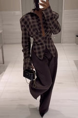 Vintage Plaid Shoulder Pad Buttons Long Sleeve Angled Hem Shirt
