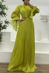 Ellah Shiny Fabric Chinese Stand Collar Twist Waist Balloon Sleeve Maxi Dress