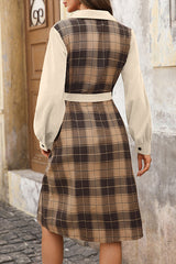 Retro Plaid Patchwork Casual Belt Workplace Style Midi Dress