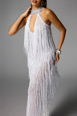 Glimmer Hour Shiny Layered Tassels Halter Cutout Neck Split Maxi Dress
