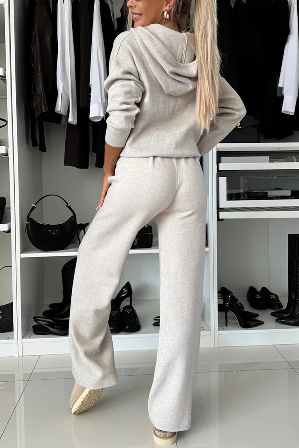 Solid Color Loose Hooded Tie Sweatshirt and Elastic Waist Casual Straight Pants Set