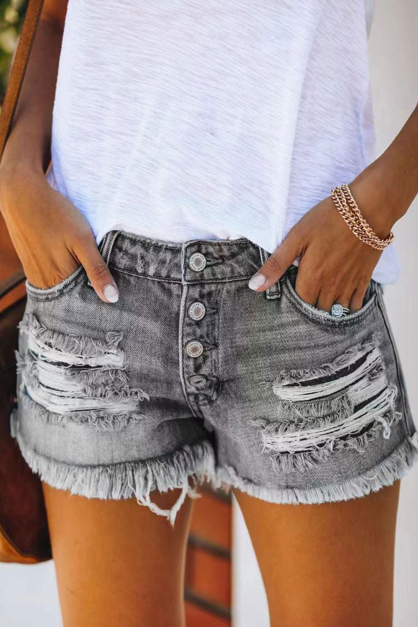 Trendy Ripped Fringed Denim Shorts