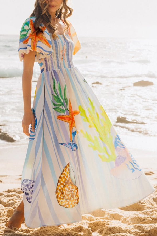 Marine Creature Print Square Neck Puff Sleeve Pleated Casual Pocket Maxi Dress