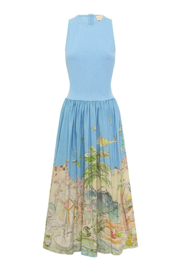 Ink Wash Print Round Neck Sleeveless Resort-style Midi Dress