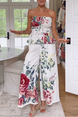 In To The Summer Linen Blend Floral Print Elastic Bandeau and Elastic Waist Pocket Loose Pants Set