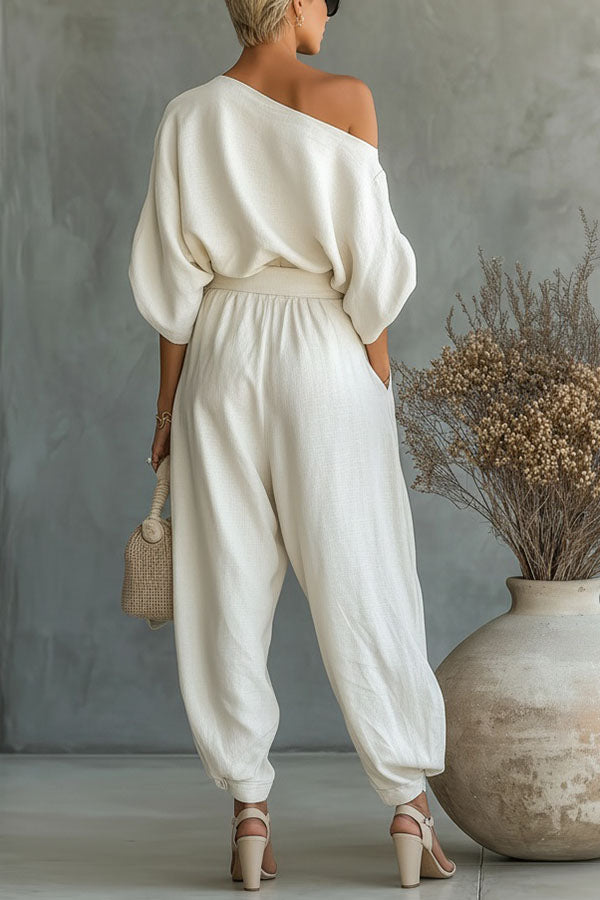 Cressa Linen Blend Off Shoulder Loose Top and High Rise Pocket Tapered Pants