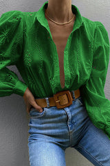 Fashion Hollow Puff Sleeve Casual Lapel Loose Shirt