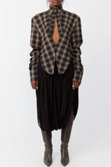 Vintage Plaid Shoulder Pad Buttons Long Sleeve Angled Hem Shirt