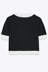 Fashionable Contrast Color Short-sleeved Button-down Top