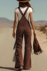 Stylish Suede Tassel Button Pocket Casual Wide-leg Overalls