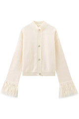 Solid Color Elegant Feather Long Sleeve Casual Knitted Cardigan