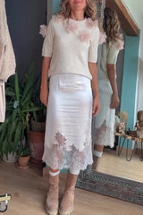 Alboran Knit Organza Flowers Detail Short Sleeve Loose Sweater