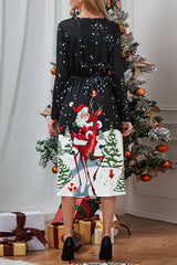 V Neck Christmas Print Long Sleeved Midi Dress