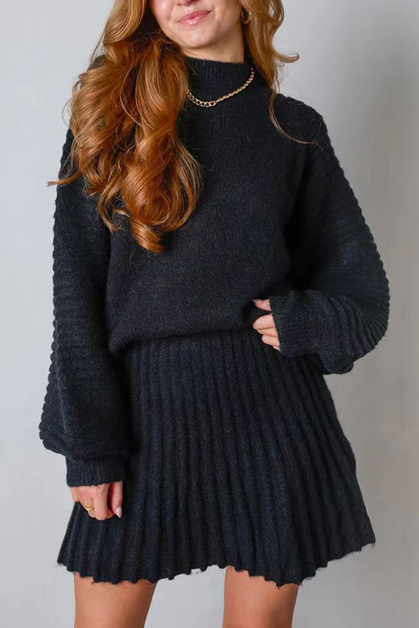 Solid Color Round Neck Puff Sleeve Loose Knit Sweater and Casual Striped Mini Skirt Set