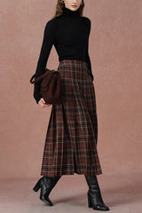 Yehudit Plaid Belt Buckle Design High Rise Pocket Midi Umbrella Skirt