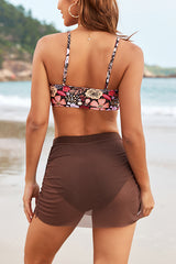 Floral Print Mesh Pleated Elastic Two-Piece Bikini Swimsuit