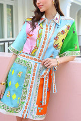 Linen Blend Unique Printed Short Sleeved Pocket Tie Waist Mini Dress(One Size UP)