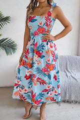 Plant Print Suspenders Pleated Holiday Beach Midi Dress