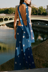 Fashion Polka Dot Print Sexy Halter Neck Backless Maxi Dress